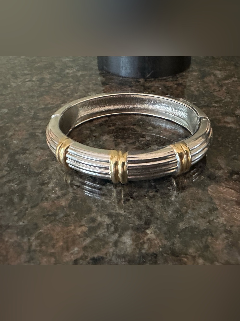 Two-Tone Silver and Gold Ribbed Bangle Bracelet - Picture 3 of 6